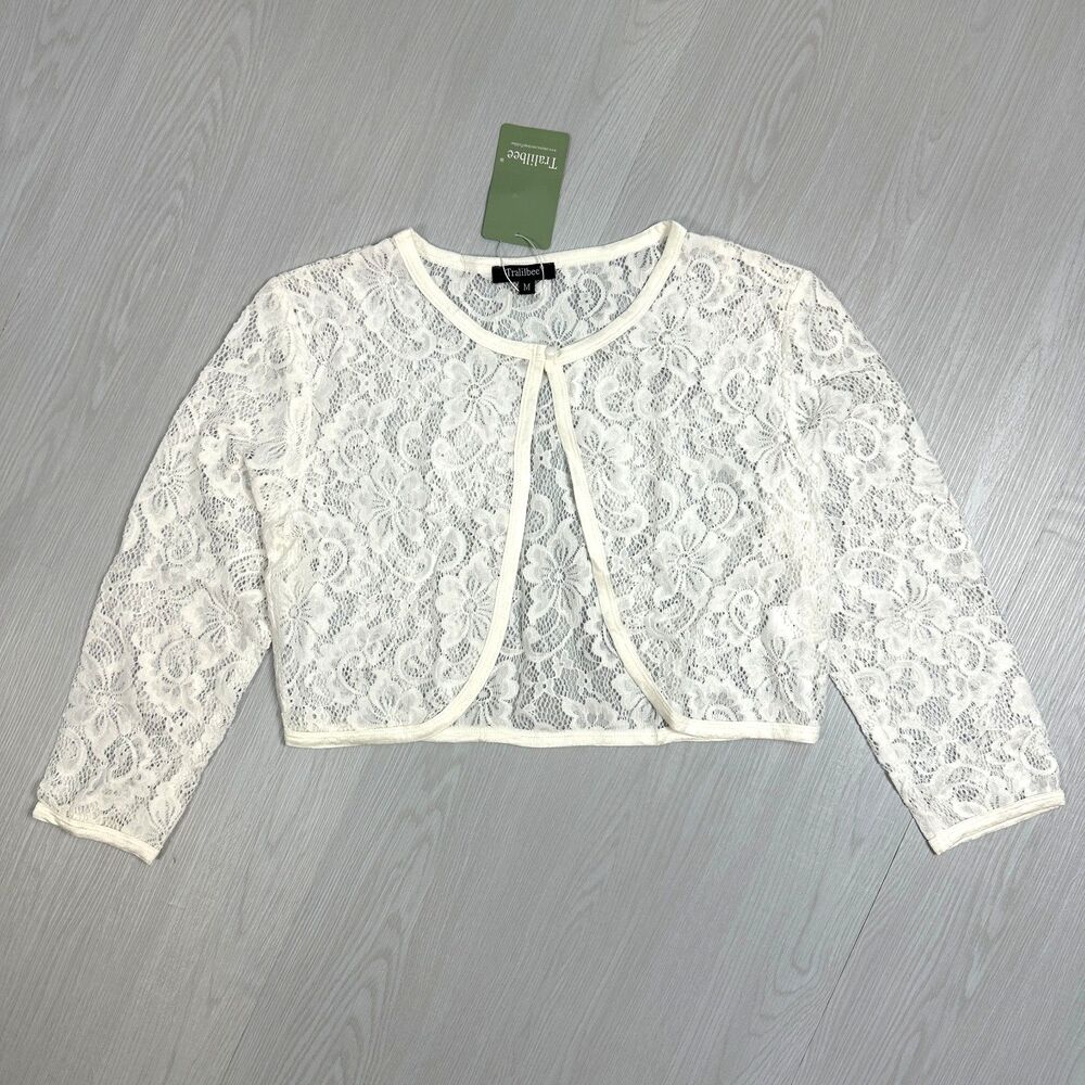 New TRALILBEE Women's Medium White Lace Bridal Open Belore Long Sleeve Cardigan